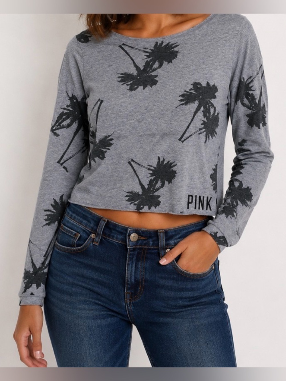 Pink VS Victoria Secret Vintage Sweatshirt Short Top Y2K Gray Palm Island Crop